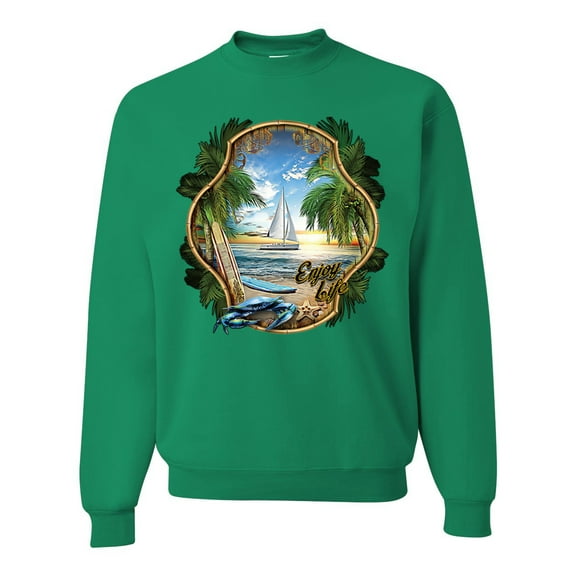 Wild Bobby, Enjoy Life Vintage Beach Surf Sailboat, Pop Culture, Unisex Crewneck Graphic Sweatshirt, Kelly, X-Large