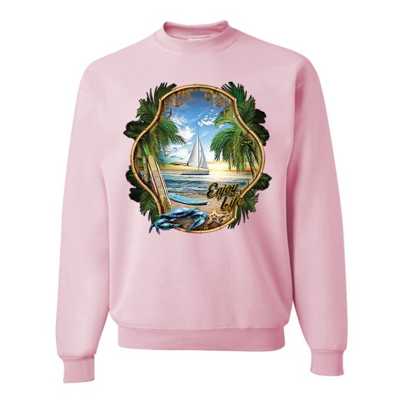Wild Bobby, Enjoy Life Vintage Beach Surf Sailboat, Pop Culture, Unisex Crewneck Graphic Sweatshirt, Light Pink, 3X-Large