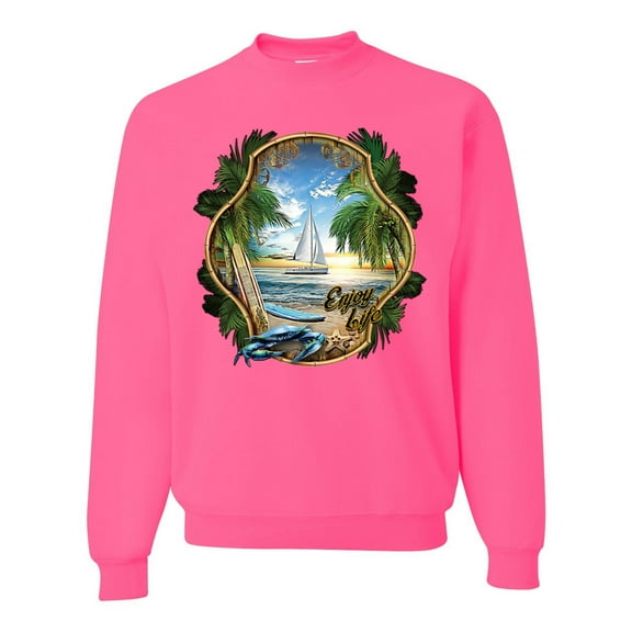 Wild Bobby, Enjoy Life Vintage Beach Surf Sailboat, Pop Culture, Unisex Crewneck Graphic Sweatshirt, Neon Pink, XX-Large