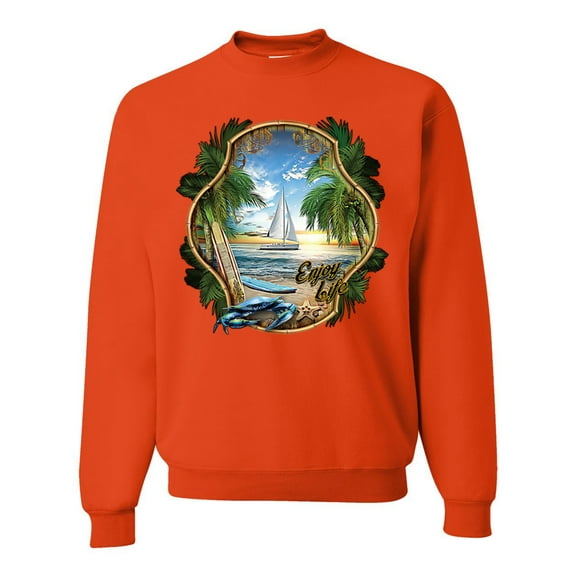 Wild Bobby, Enjoy Life Vintage Beach Surf Sailboat, Pop Culture, Unisex Crewneck Graphic Sweatshirt, Orange, 3X-Large