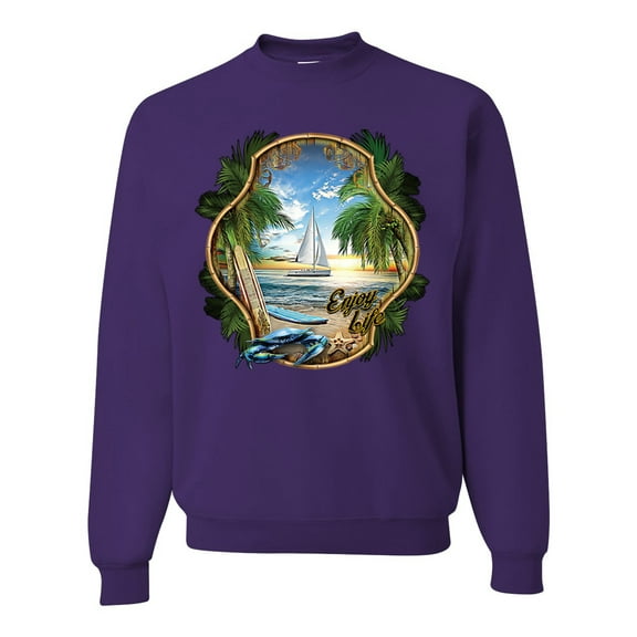 Wild Bobby, Enjoy Life Vintage Beach Surf Sailboat, Pop Culture, Unisex Crewneck Graphic Sweatshirt, Purple, XX-Large