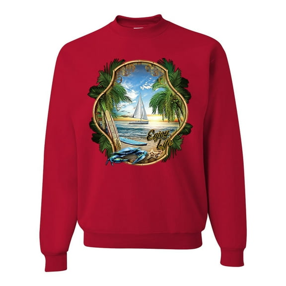 Wild Bobby, Enjoy Life Vintage Beach Surf Sailboat, Pop Culture, Unisex Crewneck Graphic Sweatshirt, Red, XX-Large