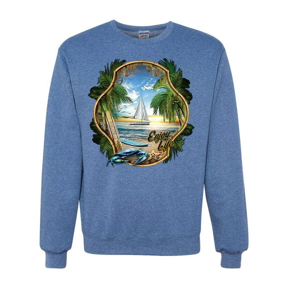 Wild Bobby, Enjoy Life Vintage Beach Surf Sailboat, Pop Culture, Unisex Crewneck Graphic Sweatshirt, Vintage Heather Blue, X-Large