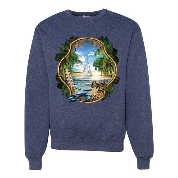 Wild Bobby, Enjoy Life Vintage Beach Surf Sailboat, Pop Culture, Unisex Crewneck Graphic Sweatshirt, Vintage Heather Navy, Small