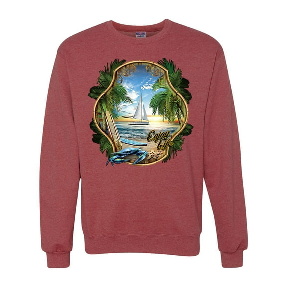 Wild Bobby, Enjoy Life Vintage Beach Surf Sailboat, Pop Culture, Unisex Crewneck Graphic Sweatshirt, Vintage Heather Red, X-Large