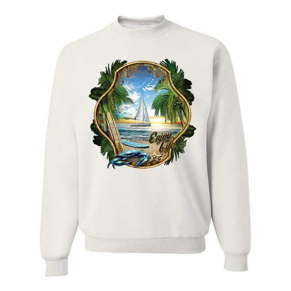 Wild Bobby, Enjoy Life Vintage Beach Surf Sailboat, Pop Culture, Unisex Crewneck Graphic Sweatshirt, White, Large