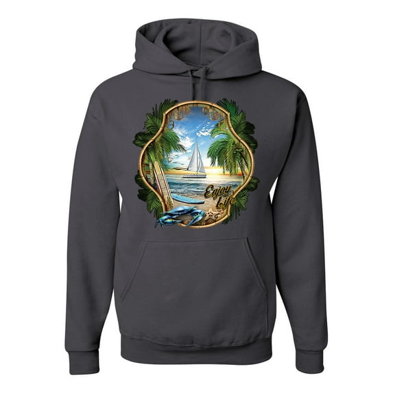 Wild Bobby, Enjoy Life Vintage Beach Surf Sailboat, Pop Culture, Unisex Graphic Hoodie Sweatshirt, Charcoal, Large