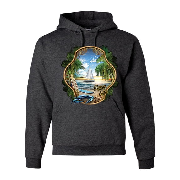 Wild Bobby, Enjoy Life Vintage Beach Surf Sailboat, Pop Culture, Unisex Graphic Hoodie Sweatshirt, Heather Black, Large