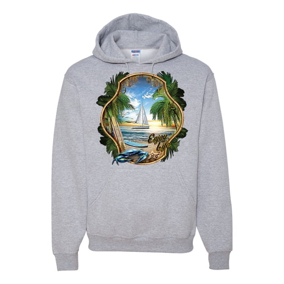 Wild Bobby, Enjoy Life Vintage Beach Surf Sailboat, Pop Culture, Unisex Graphic Hoodie Sweatshirt, Heather Grey, Small