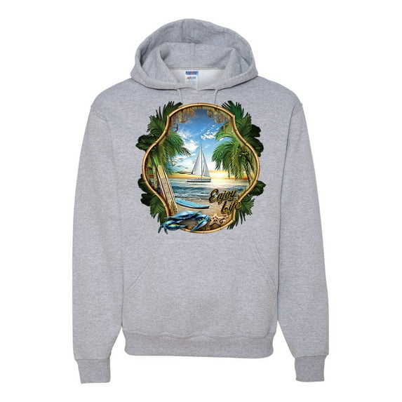 Wild Bobby, Enjoy Life Vintage Beach Surf Sailboat, Pop Culture, Unisex Graphic Hoodie Sweatshirt, Heather Grey, XX-Large