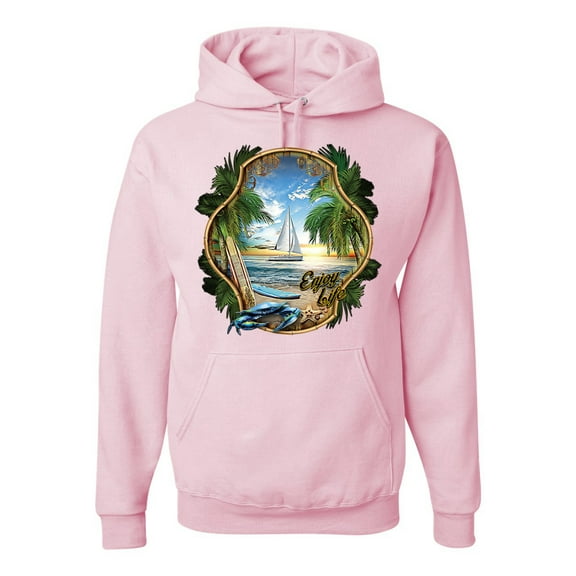 Wild Bobby, Enjoy Life Vintage Beach Surf Sailboat, Pop Culture, Unisex Graphic Hoodie Sweatshirt, Light Pink, Small
