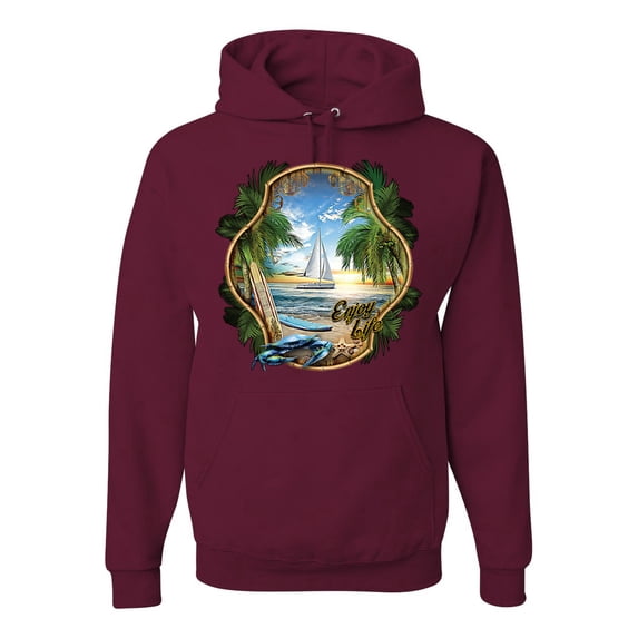 Wild Bobby, Enjoy Life Vintage Beach Surf Sailboat, Pop Culture, Unisex Graphic Hoodie Sweatshirt, Maroon, 3X-Large