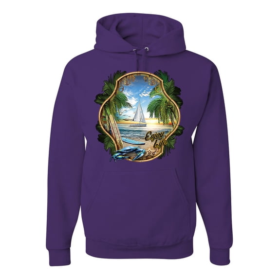 Wild Bobby, Enjoy Life Vintage Beach Surf Sailboat, Pop Culture, Unisex Graphic Hoodie Sweatshirt, Purple, X-Large