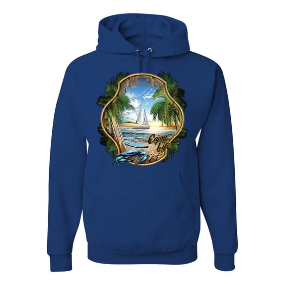 Wild Bobby, Enjoy Life Vintage Beach Surf Sailboat, Pop Culture, Unisex Graphic Hoodie Sweatshirt, Royal, Medium