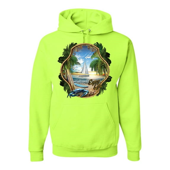 Wild Bobby, Enjoy Life Vintage Beach Surf Sailboat, Pop Culture, Unisex Graphic Hoodie Sweatshirt, Safety Green, 3X-Large