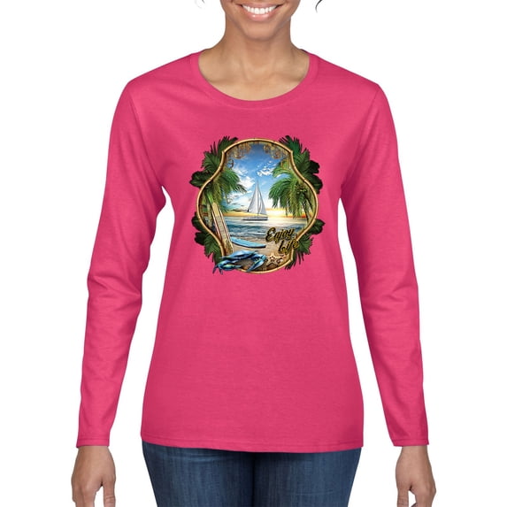 Wild Bobby, Enjoy Life Vintage Beach Surf Sailboat, Pop Culture, Women Graphic Long Sleeve Tee, Fuschia, XX-Large