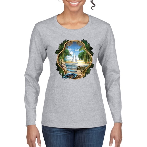 Wild Bobby, Enjoy Life Vintage Beach Surf Sailboat, Pop Culture, Women Graphic Long Sleeve Tee, Heather Grey, Large