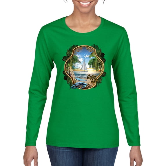 Wild Bobby, Enjoy Life Vintage Beach Surf Sailboat, Pop Culture, Women Graphic Long Sleeve Tee, Kelly, Large