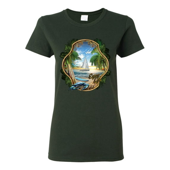 Wild Bobby, Enjoy Life Vintage Beach Surf Sailboat, Pop Culture, Women Graphic Tee, Forest Green, Medium