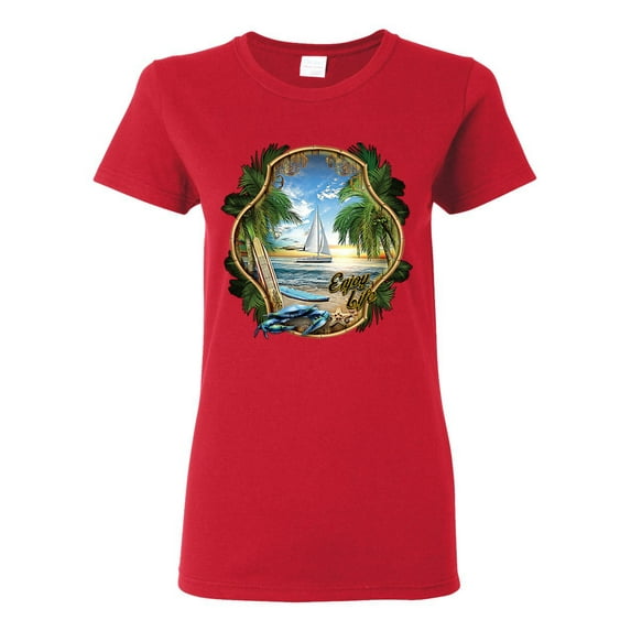Wild Bobby, Enjoy Life Vintage Beach Surf Sailboat, Pop Culture, Women Graphic Tee, Red, Medium