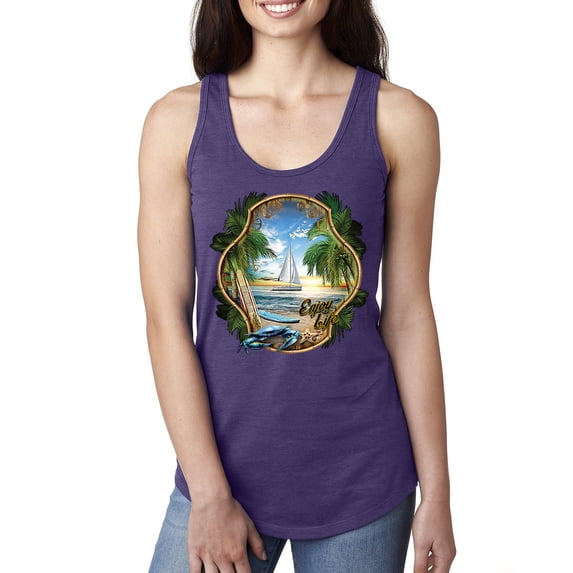 Wild Bobby, Enjoy Life Vintage Beach Surf Sailboat, Pop Culture, Women Racerback Tank Top, Purple Rush, X-Large