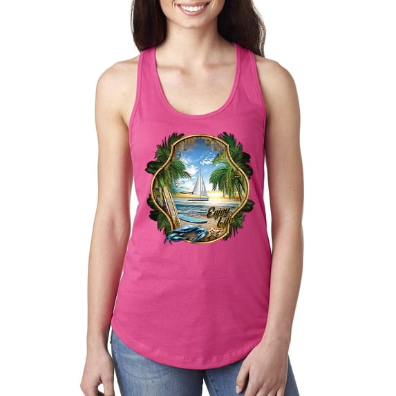 Wild Bobby, Enjoy Life Vintage Beach Surf Sailboat, Pop Culture, Women Racerback Tank Top, Raspberry, X-Large