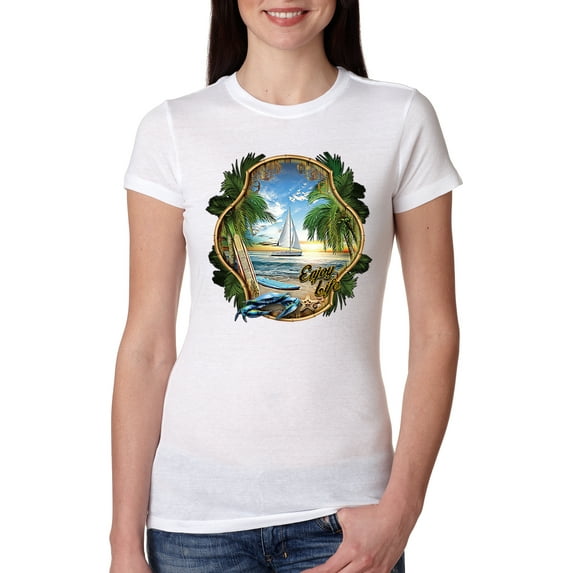 Wild Bobby, Enjoy Life Vintage Beach Surf Sailboat, Pop Culture, Women Slim Fit Junior Tee, White, XX-Large