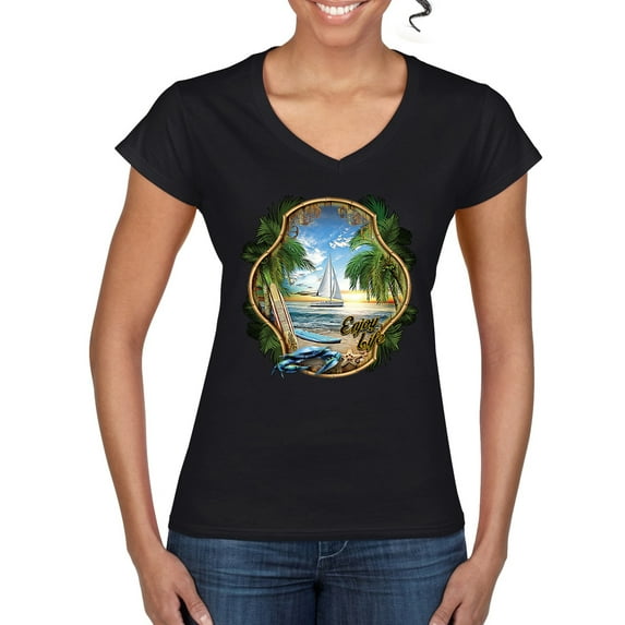 Wild Bobby, Enjoy Life Vintage Beach Surf Sailboat, Pop Culture, Women Standard V-Neck Tee, Black, Large