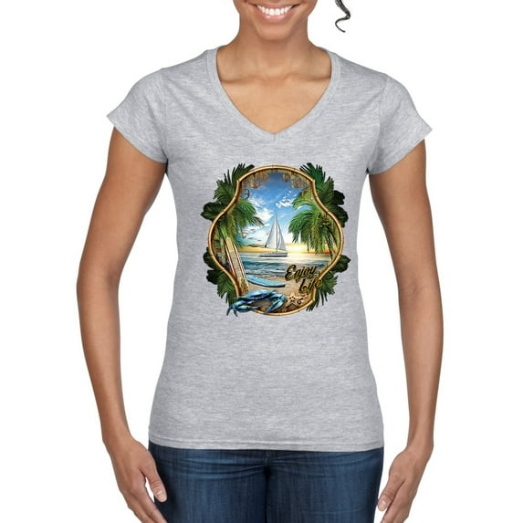Wild Bobby, Enjoy Life Vintage Beach Surf Sailboat, Pop Culture, Women Standard V-Neck Tee, Heather Grey, Medium