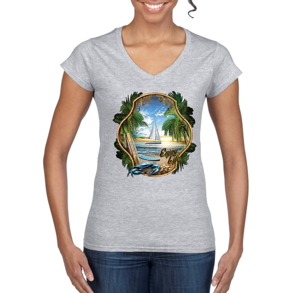 Wild Bobby, Enjoy Life Vintage Beach Surf Sailboat, Pop Culture, Women Standard V-Neck Tee, Heather Grey, XX-Large