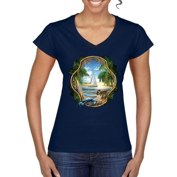 Wild Bobby, Enjoy Life Vintage Beach Surf Sailboat, Pop Culture, Women Standard V-Neck Tee, Navy, Medium