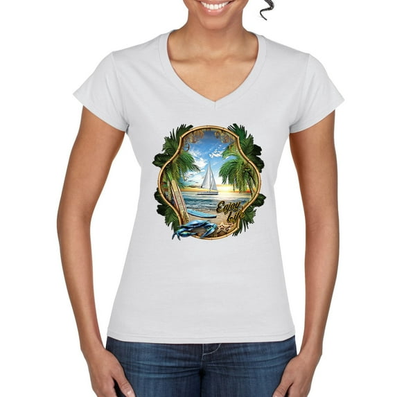 Wild Bobby, Enjoy Life Vintage Beach Surf Sailboat, Pop Culture, Women Standard V-Neck Tee, White, Medium