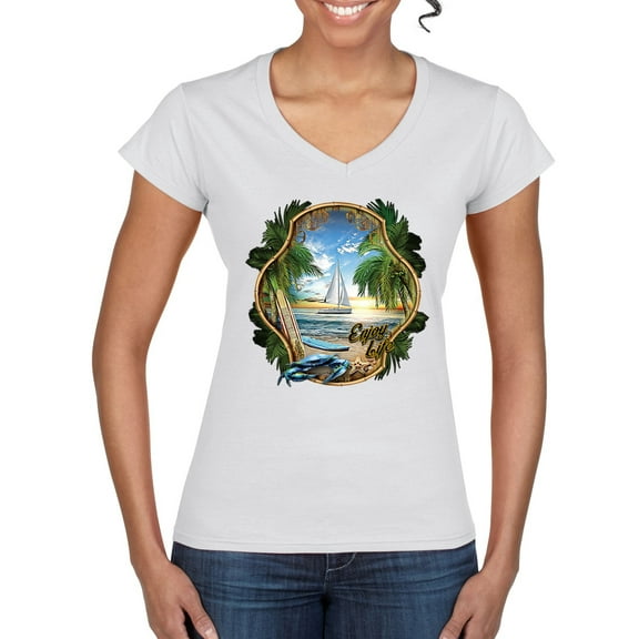 Wild Bobby, Enjoy Life Vintage Beach Surf Sailboat, Pop Culture, Women Standard V-Neck Tee, White, XX-Large