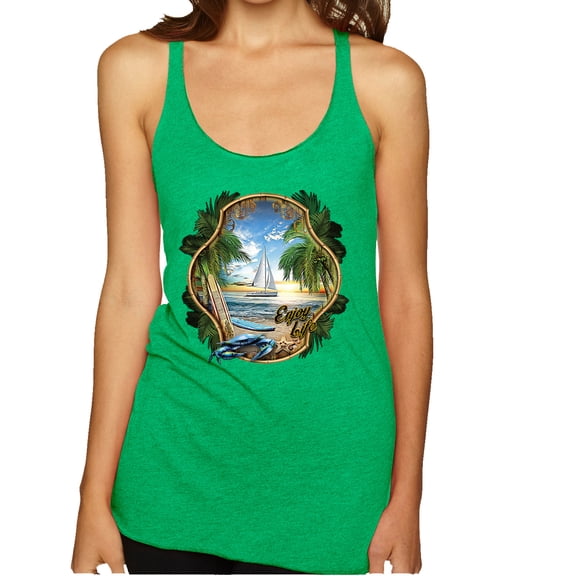 Wild Bobby, Enjoy Life Vintage Beach Surf Sailboat, Pop Culture, Women Tri-Blend Racerback Tank Top, Envy, Small