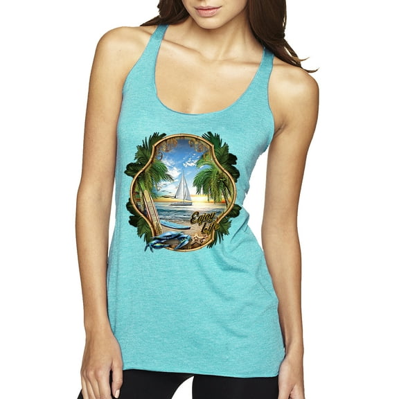 Wild Bobby, Enjoy Life Vintage Beach Surf Sailboat, Pop Culture, Women Tri-Blend Racerback Tank Top, Tahiti Blue, Medium