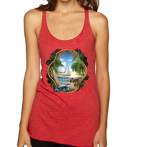 Wild Bobby, Enjoy Life Vintage Beach Surf Sailboat, Pop Culture, Women Tri-Blend Racerback Tank Top, Vintage Red, Small