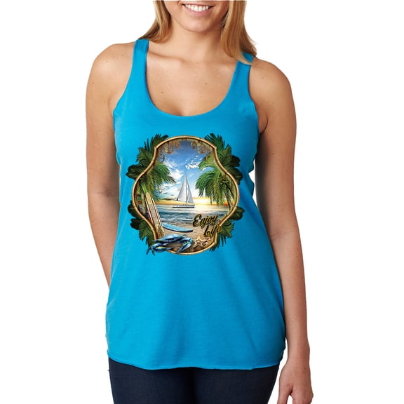 Wild Bobby, Enjoy Life Vintage Beach Surf Sailboat, Pop Culture, Women Tri-Blend Racerback Tank Top, Vintage Turquoise, Large