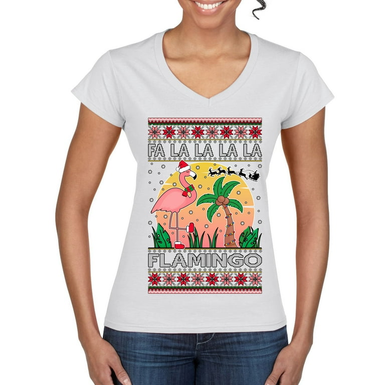 Wild Bobby Fa La La La Mingo Pink Flamingo Santa Hat Lighting Trees Ugly Christmas Sweater Women Standard V Neck Tee White Large