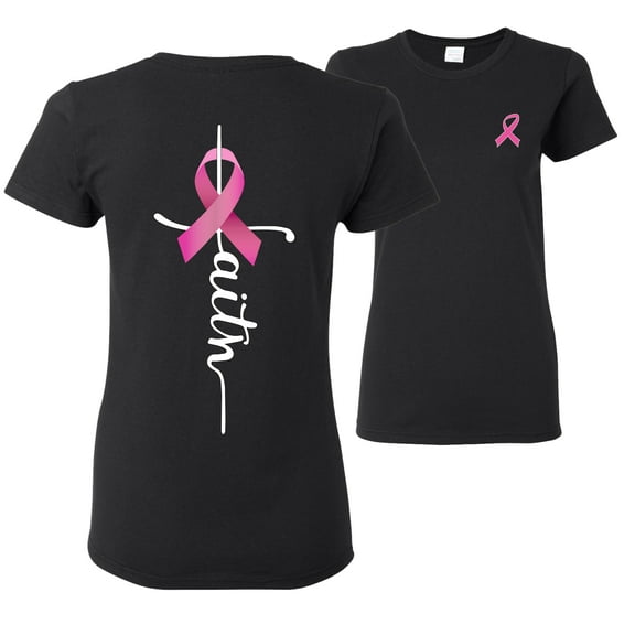 Wild Bobby Faith Breast Cancer Ribbon Breast Cancer Awareness Front and Back Womens Graphic T-Shirt, Black, Small