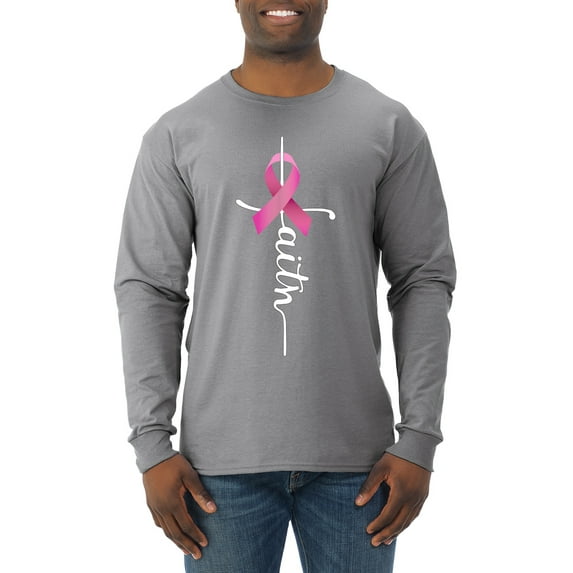 Wild Bobby Faith Breast Cancer Ribbon Breast Cancer Awareness Men Long Sleeve Shirt, Heather Grey, Medium
