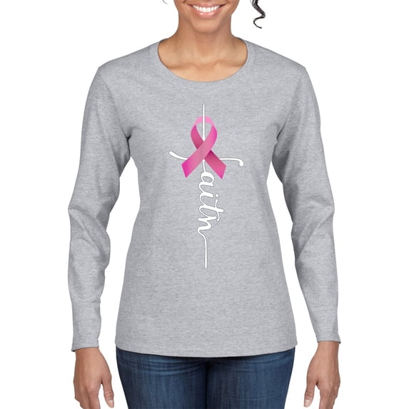 Wild Bobby Faith Breast Cancer Ribbon Breast Cancer Awareness Women Graphic Long Sleeve Tee, Heather Grey, XX-Large