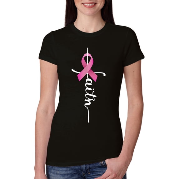 Wild Bobby Faith Breast Cancer Ribbon Breast Cancer Awareness Women Slim Fit Junior Tee, Black, Small