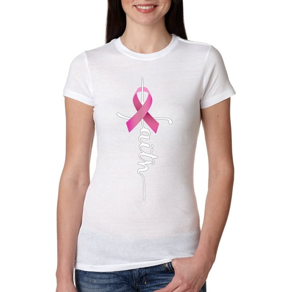 Wild Bobby Faith Breast Cancer Ribbon Breast Cancer Awareness Women Slim Fit Junior Tee, White, Large