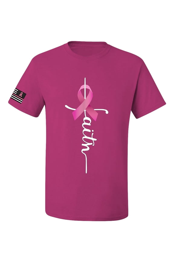 Faith Breast Cancer Ribbon US Flag Breast Cancer Awareness Men Tee, Fuschia, 5X-Large