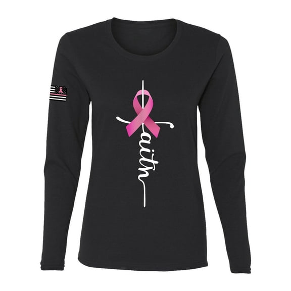 Wild Bobby Faith Breast Cancer Ribbon US Flag Breast Cancer Awareness Women Graphic Long Sleeve Tee, Black, Small