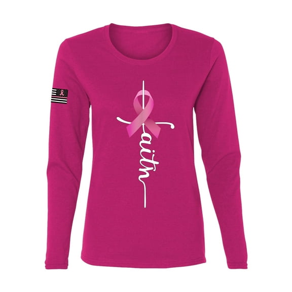 Wild Bobby Faith Breast Cancer Ribbon US Flag Breast Cancer Awareness Women Graphic Long Sleeve Tee, Fuschia, Large