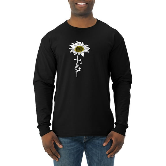 Wild Bobby, Faith Flower Script Inspirational/Christian Men Long Sleeve Shirt, Black, Small