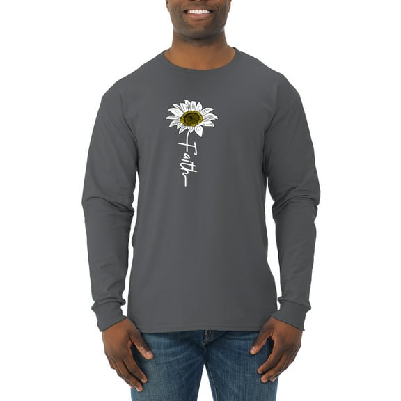 Wild Bobby, Faith Flower Script Inspirational/Christian Men Long Sleeve Shirt, Charcoal, 3X-Large