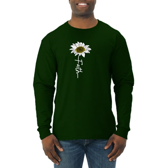 Wild Bobby, Faith Flower Script Inspirational/Christian Men Long Sleeve Shirt, Forest Green, Medium