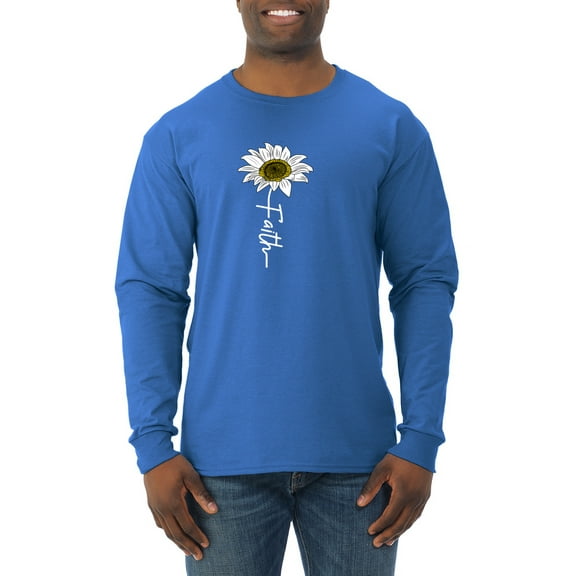 Wild Bobby, Faith Flower Script Inspirational/Christian Men Long Sleeve Shirt, Royal, Small